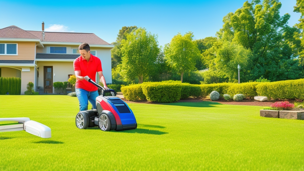 Modern akkumulátoros elektromos fűnyíró működés közben gondozott gyepen akkumulátor csomag jól láthatóan