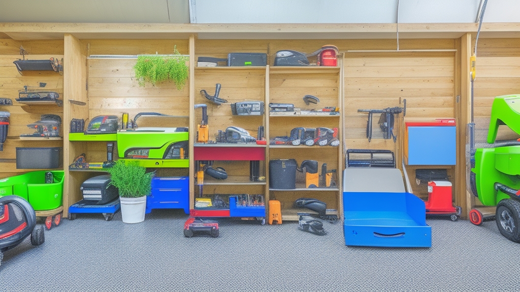 Rendezett garázs műhely elektromos fűnyíró karbantartási állomással és eszközökkel